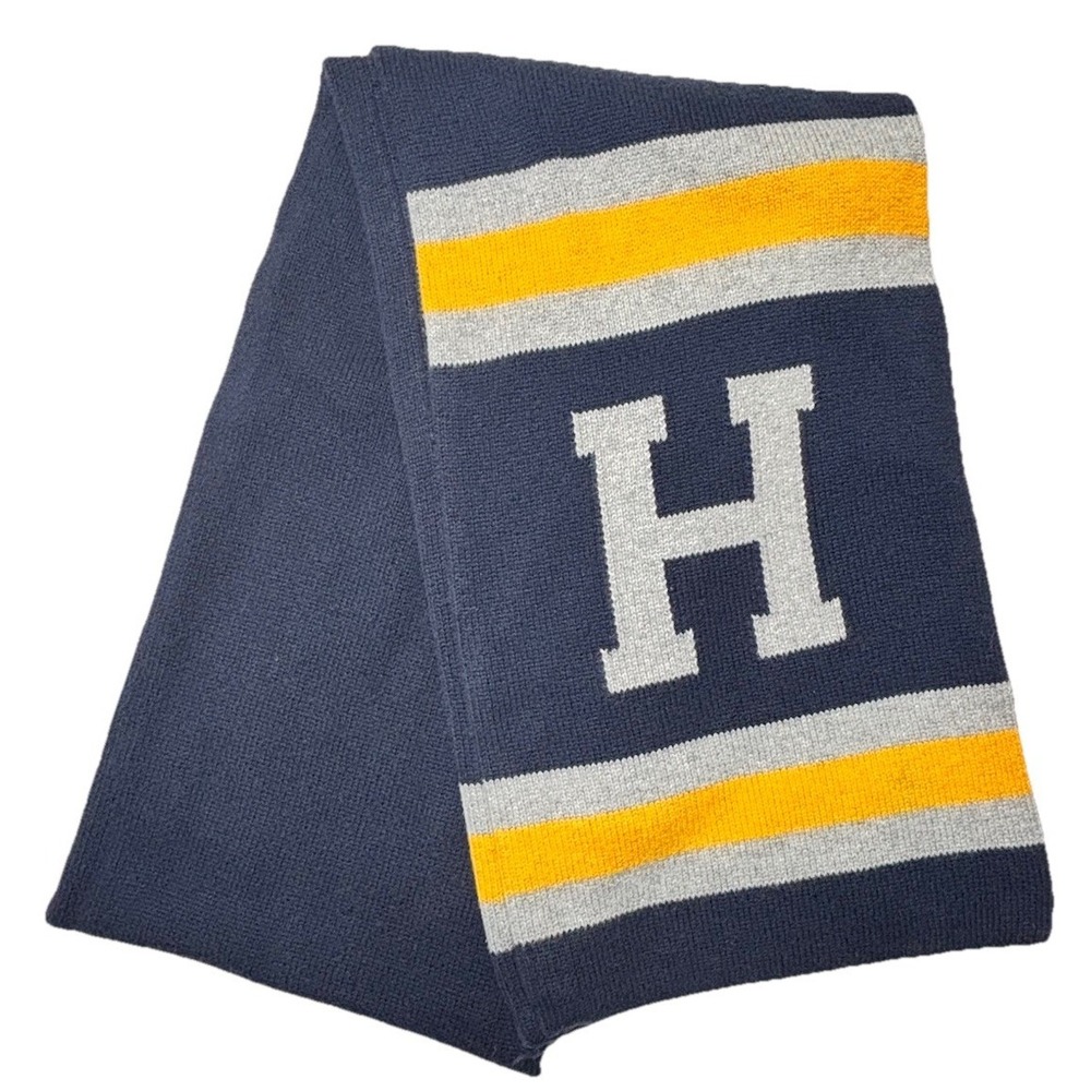 Tommy Hilfiger Varsity H Knit Scarf Navy Yellow Gray Cotton Winter Scarf 72"